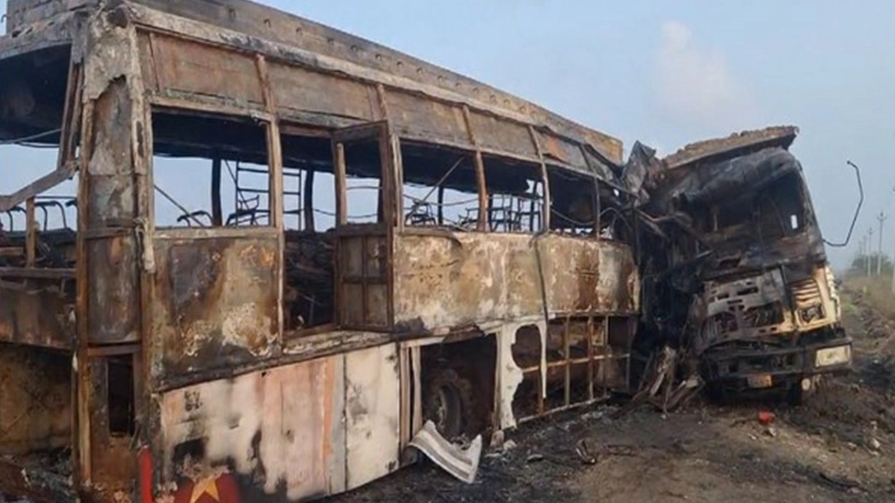 tipper hit to travel bus at palnadu